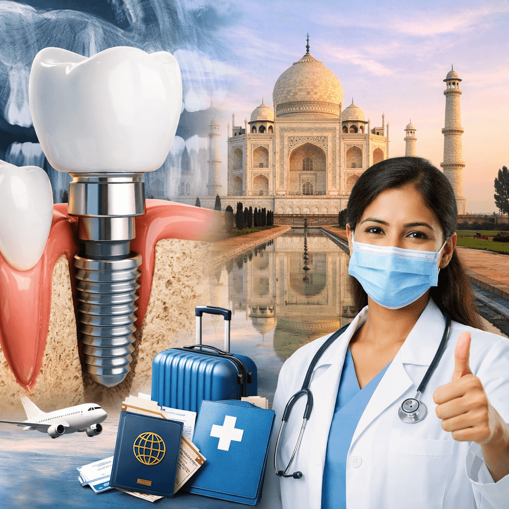 Digital composite showing a dental implant model with jawbone cross-section, smiling Indian dentist, Taj Mahal backdrop, and travel elements symbolizing affordable dental implants in India with medical tourism support