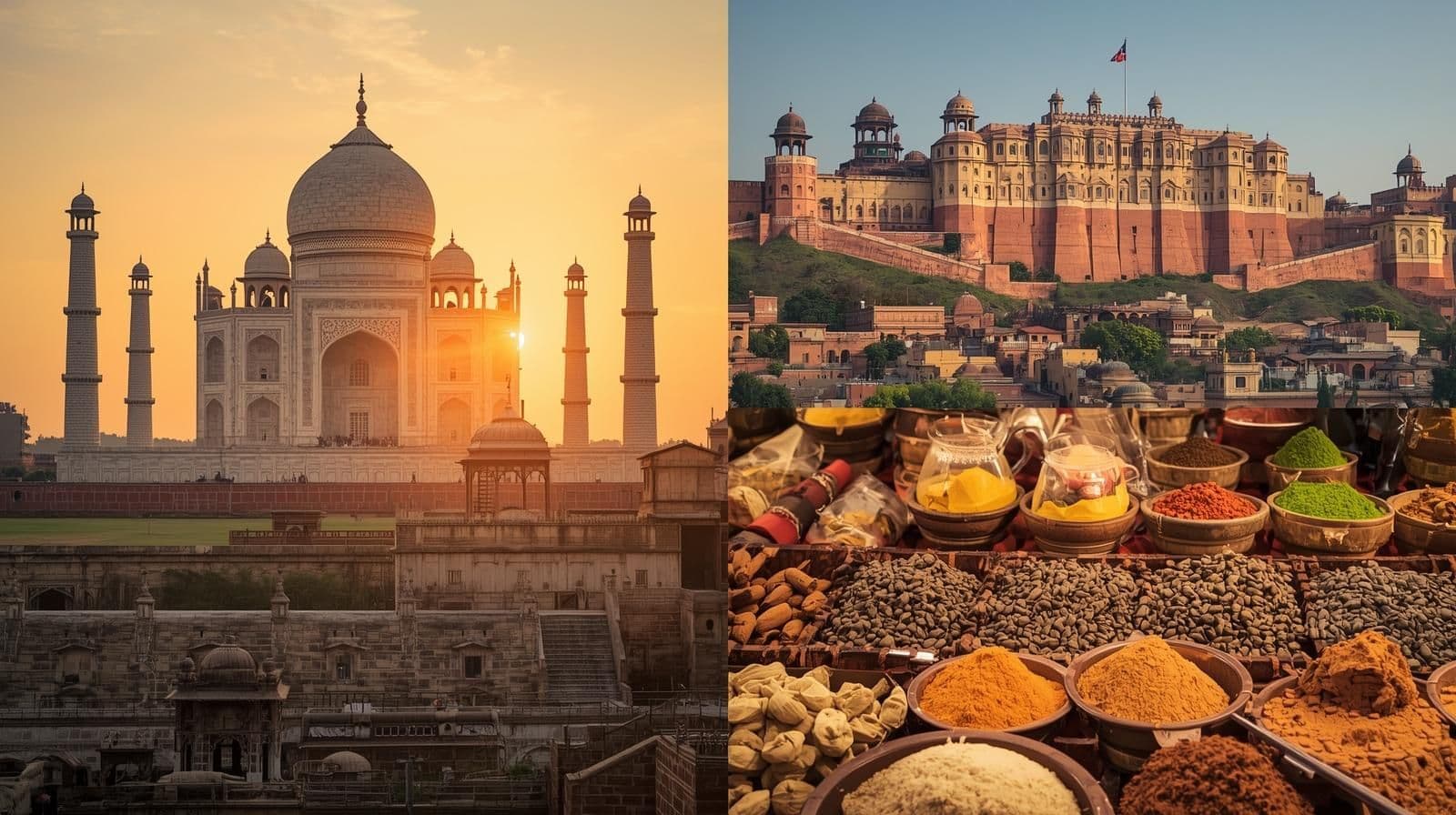 Picture of Taj Mahal in Agra and Red Fort showcasing the heritage of Indian holiday destinations.